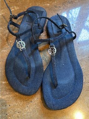 Tory Burch Dark Navy Denim Logo T-Strap Sandals